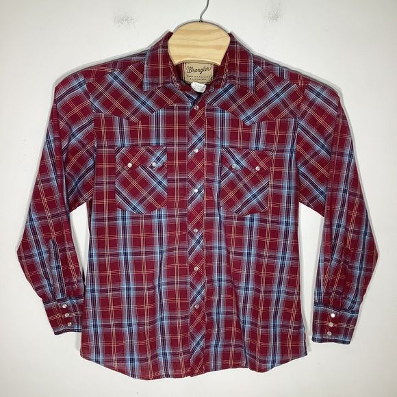 Wrangler Mens Long Sleeve Pearl Snap Shirt Red Plaid Size Large - Picture 2 of 5